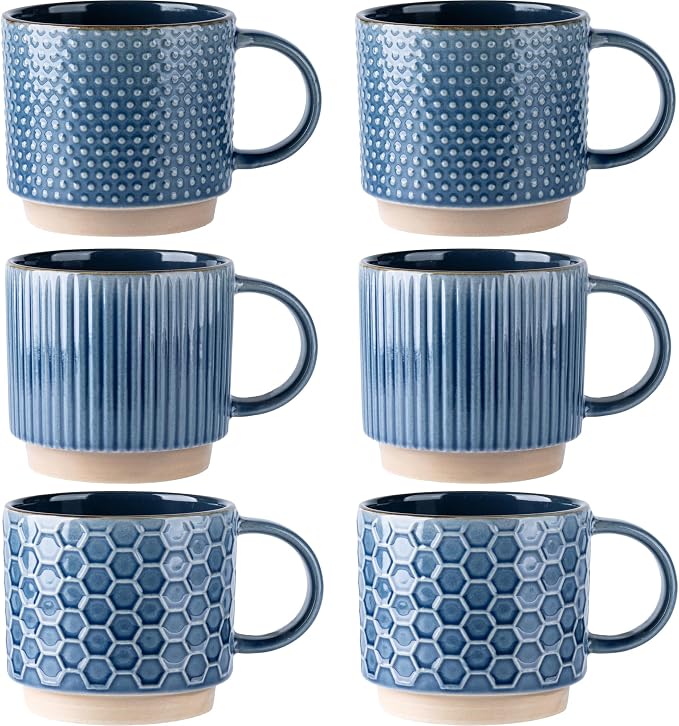 GBhome 12 OZ Stackable Coffee Mugs Set of 6, Ceramic Coffee Cups Set | 3 Assorted Designs, Embossed Mugs with Texture Patterns for Tea/Latte/Cappuccino, Dishwasher&Microwave Safe by GBhome