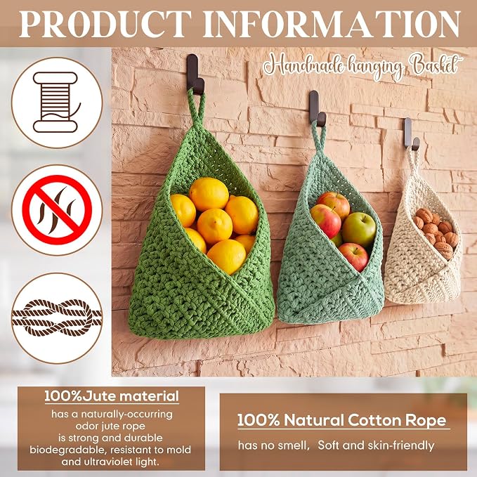 Honeydak Boho Decor Hanging Wall Baskets for Kitchen 3 Pack Teardrop Baskets with Hooks Storage Fruit Onion Vegetable Potato for Home 3 Sizes(Sage Color Palette,Triangle,Cotton Rope) - Image 5