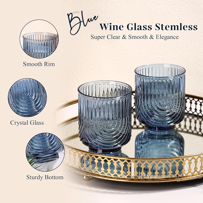 Blue Vintage Drinking Glasses Set of 6-15oz Hand-Blown Highball Ribbed Glassware, Arch Design Cocktail Glasses for Whiskey Water Beverages Ice Coffee Juice Milk - Image 4