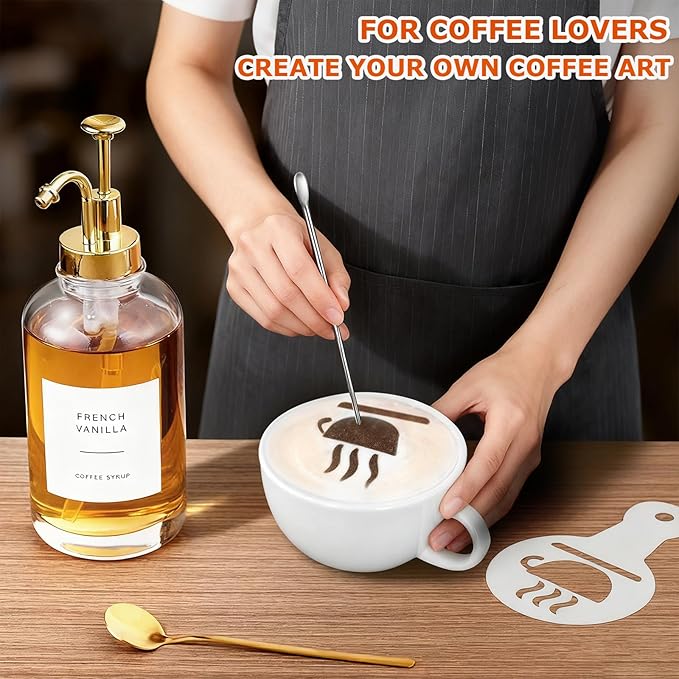 Coffee Syrup Dispenser for Coffee Bar, Glass Syrup Dispenser with Pump, Coffee Syrup Pump Dispenser Bottle, Spoon for Coffee Station, Coffee Bar Organizer, Golden,16.9 oz, 500 ml