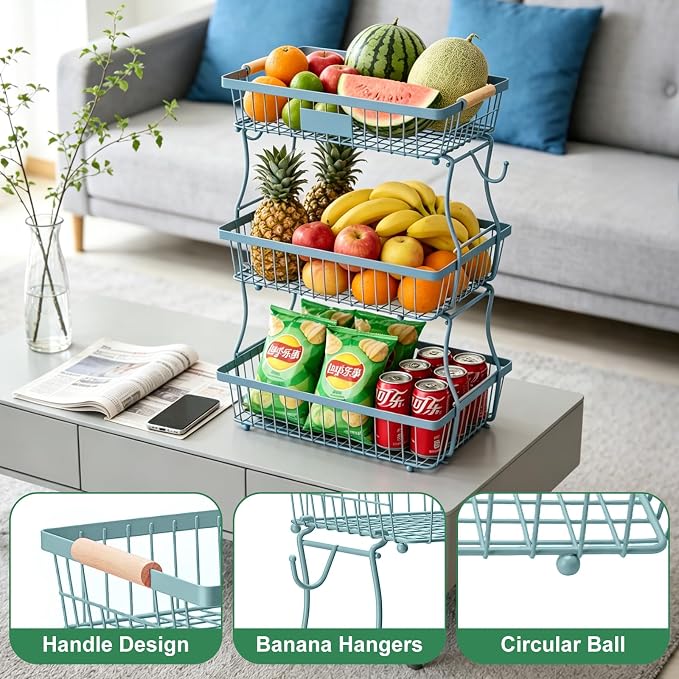 3 Tier Fruit Basket with 2 Banana Hangers, Mesh Basket Fruits Stand Produce Holder Organizer for Onion Potato Bread Snack Veggie Blue - Image 3