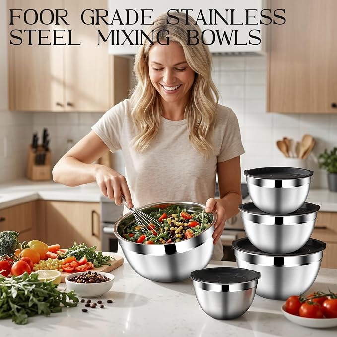 DUTZUN Stainless Steel Mixing Bowls with Airtight Lids Set of 5, Black | Kitchen Appliances Essential Gifts for Mixing, Baking, Prep, Salads, Serving, Cooking - Image 7