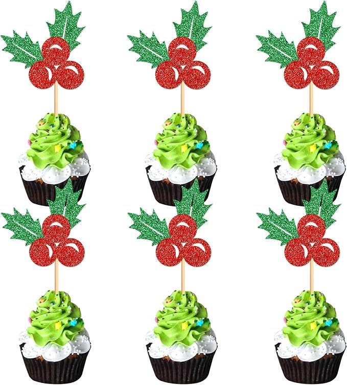 24 Pack Christmas Holly Leaves Cupcake Toppers Picks Christmas Eve Party Cake Baby Shower Birthday Party Cake Decoration Supplies by Cyodoos