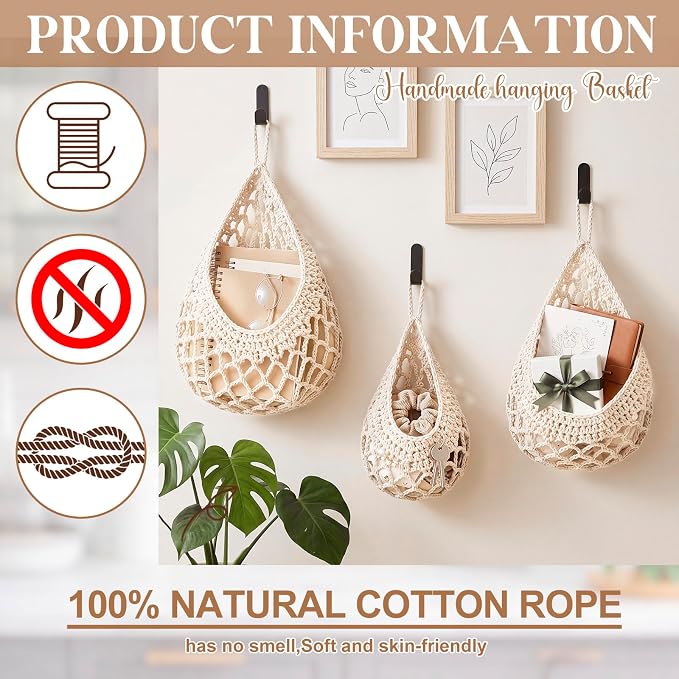 Honeydak Boho Decor Hanging Wall Baskets for Kitchen 3 Pack Teardrop Baskets with Hooks Storage Fruit Onion Vegetable Potato for Home 3 Sizes (White,Crochet,Cotton Rope) - Image 4