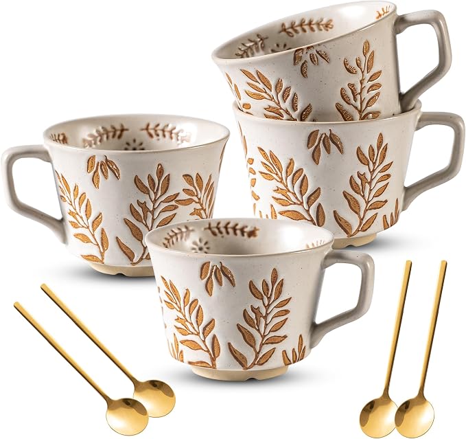 Coffee Mugs Set of 4 with Gold Spoon, 11 oz Ancient Style Hand-painted Ceramic Mug Gifts for Men Women, Unique Personality Gifts for Home Kitchen Office, Dishwasher Microwave Safe by Noevany