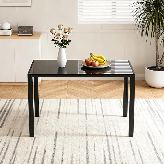 FDW | Dining Table for 4-6 People | Black | 47 Inch Rectangular Glass Kitchen Table | Space-Saving and Modern Design | for Dining Room, Easy to Assemble - Image 7