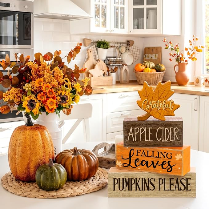 Moucuny 4 Pcs Fall Decoration for Home Wooden Maple Leaf Thanksgiving Table Centerpiece Rustic Thanksgiving Tiered Tray Decor Decorative Maple Leaf Block Signs Farmhouse Autumn Decor for Kitchen - Image 4