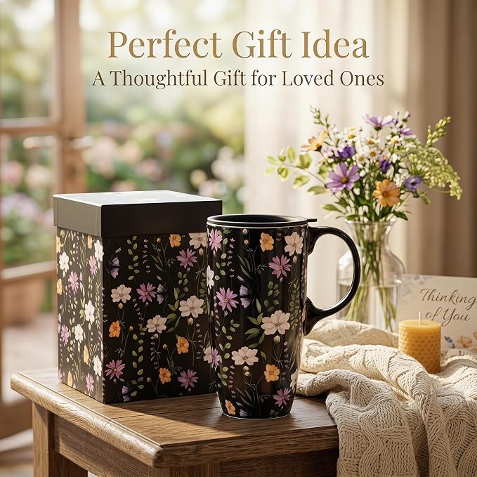 Topadorn 17oz Ceramic Travel Mug with Lid, Botanical Coffee Mug | 17oz Ceramic Travel Mug • Botanical Wildflower Design • Spill-Resistant Lid • Microwave & Dishwasher Safe • Gift Box - Image 8
