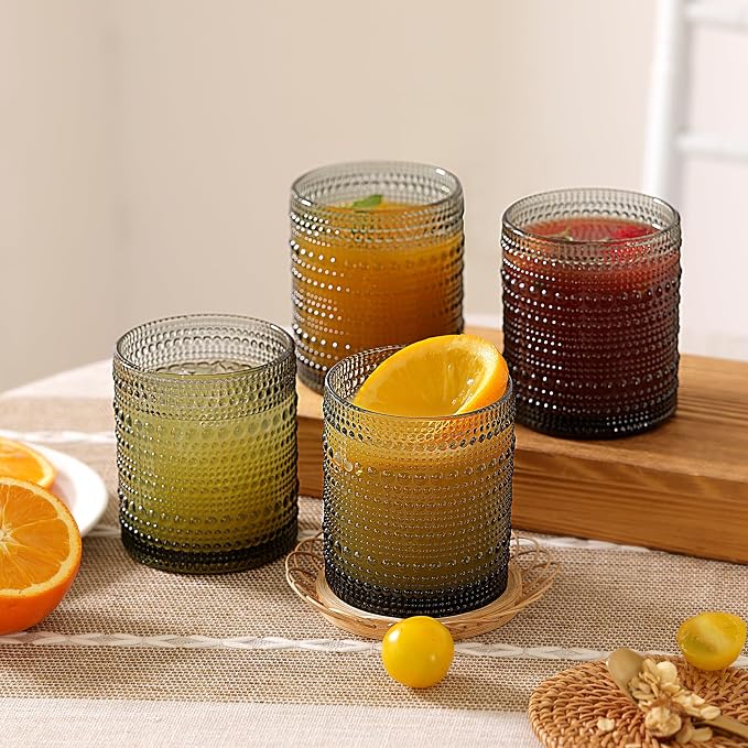 Moretoes 12 Pack 10 Oz Gray Hobnail Drinking Glasses Set | Cocktail Glasses Vintage Glassware, Textured Glass Cups Bubble Glasses Water Glasses Old Fashion Jupiter Glasses Set - Image 2