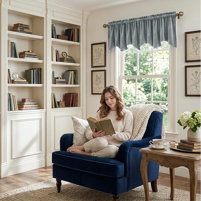 Stone Blue Velvet Window Valance Scalloped 52x18 Inch 1 Panel | Soft Wavy Blue Scalloped Curtains for Small Windows, Modern Window Treatment for Bathroom, Laundry, RV - Image 3