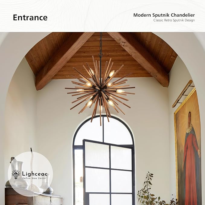 23.6" Farmhouse Sputnik Chandelier for Dining Room Rustic Handmade Natural Wood 12-Light Hanging Ceiling Pendant Light Fixture Starburst Wood Chandeliers for Kitchen Bedroom Foyer Hallway - Image 4