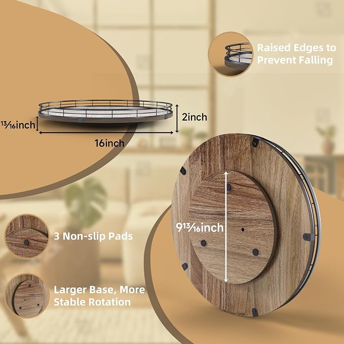 Acacia Wood 16" Lazy Susan Turntable Organizer for Table Top, Farmhouse Large Round Lazy Susan for Cabinet Kitchen Centerpieces Dining Table, for Condiments Charcuterie, Bathroom Vanity Tray Decor - Image 2
