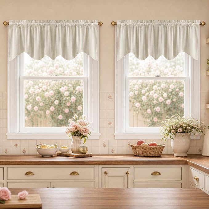 Velvet Window Valance 52x18 Inch 4-Panel Set | Soft Wavy Beige Kitchen Curtains for Windows, Luxury Fabric Aesthetic Window Treatment for Bay Window, Living Room by StangH