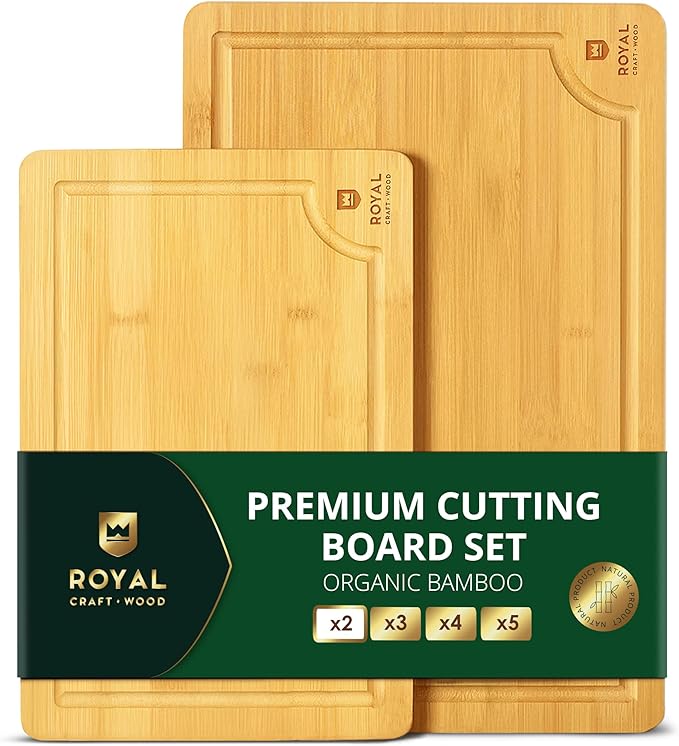 ROYAL CRAFT WOOD Wooden Cutting Boards for Kitchen Meal Prep & Serving - Bamboo Wood Serving Board Set with Deep Juice Groove Side Handles - Charcuterie & Chopping Butcher Block for Meat by ROYALCRAFTWOOD
