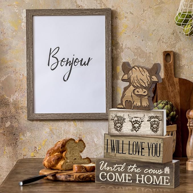 Moucuny 4 Pcs Highland Cow Table Decorations Rustic Western Tiered Tray Decor Decorative Highland Cow Block Signs Western Tabletop Centerpieces Farmhouse for Home Desk Room Kitchen Shelf Decor - Image 6