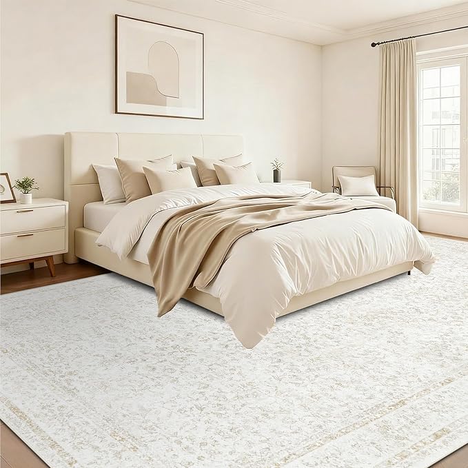 10x14 Area Rugs for Living Room: Washable Large Vintage Floral Rug Low Pile Non-Slip Boho Carpet for Bedroom Home Office Dining Room (FloralBeige, 10'x14') - Image 4
