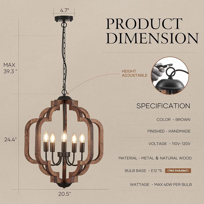 20.5" Farmhouse Vintage Chandelier 5-Light for Dining Room Rustic Handmade Wood Hanging Ceiling Pendant Light Fixture for Entryway Brown Retro Chandeliers for Kitchen Bedroom Foyer Hallway - Image 2