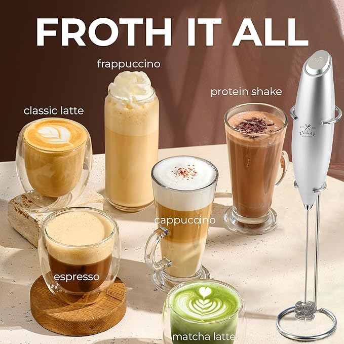 Zulay Kitchen Tornado Whisk Milk Frother with 4 AA Duracell Batteries - Triple Whisk for More Power - Handheld Coffee Frother with Stand - Drink Mixer for Lattes, Matcha & Protein Shakes