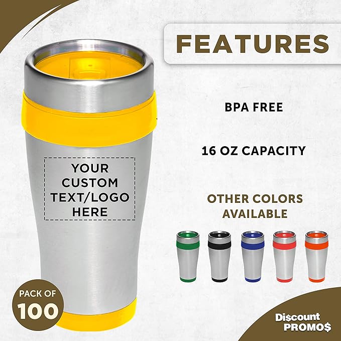Custom Insulated Stainless Steel Travel Mugs 16 oz. Set of 100, Personalized Bulk Pack - Perfect for Coffee, Soda, Other Hot & Cold Beverages - Yellow
