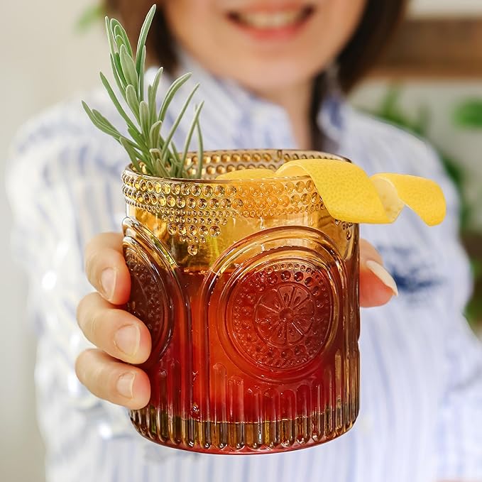 Vintage Amber Drinking Glasses Set of 6 by Kate Aspen - 10 oz Ribbed Glassware for Drinking Water, Juice, Cocktail Glasses - Ribbed Glass Cups Set, Iced Coffee Cup, Kitchen Drinkware or Home Bar - Image 3