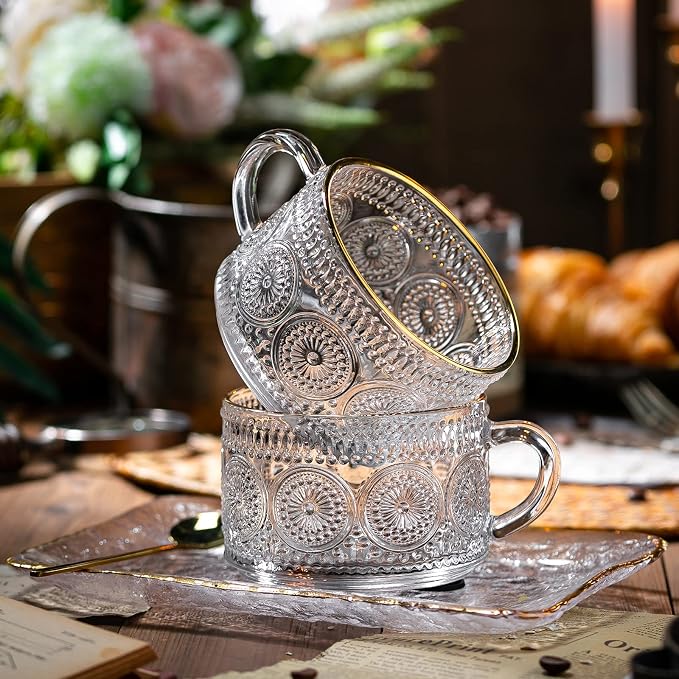 Gezzeny Vintage Coffee Mugs Set, Glass Cups Set with Saucer and Spoon, Clear Embossed Tea Breakfast Dessert Plate for Cappuccino, Latte, Cereal, Milk, Home Office Party, Golden, 3 Piece - Image 5