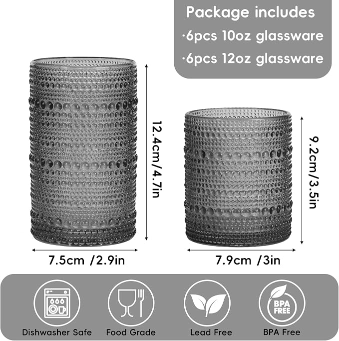Moretoes 12 Pack Hobnail Drinking Glasses Gray Water Glass Cups Set | Mixed Vintage Glassware 6pcs 12oz Highballs & 6pcs 10oz Old Fashioned Glasses, Great for Cocktail Whisky and Other Beverages - Image 3