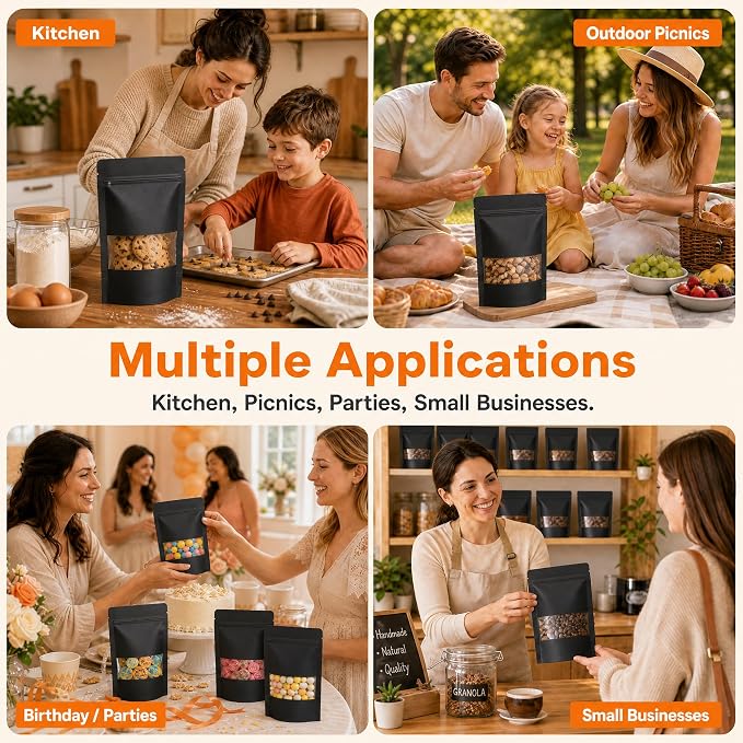 100 Pcs Black Kraft Paper Bags with Window, 4" x 6" Stand Up Pouches Bags, Food Storage Bags for Packaging Products, Reusable, Sealable - Image 6