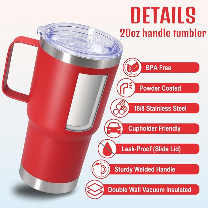 20 oz Tumbler with Handle and Lid Insulated Travel Coffee Mug Red 6P | Stainless Steel Tumbler, coffee tumbler with handle,Spill Proof Double Wall Vacuum Tumbler Cup Keep Drink Hot & Cold - Image 3
