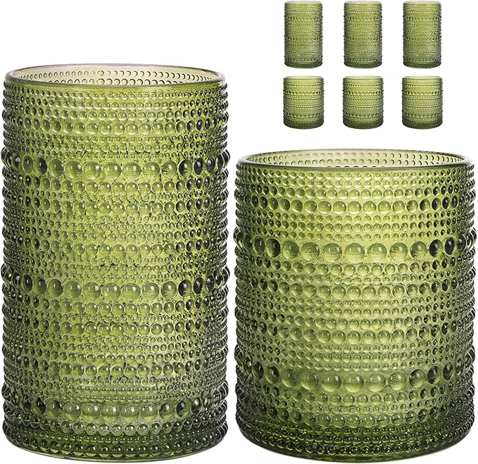 Moretoes Green Hobnail Drinking Glasses Set of 6,Glass Cups | 12 Oz Highball Glasses & 10 Oz Cocktail Glasses, Kitchen Bar Tumbler Glassware Set for Whiskey, Beer, Juice, Milk by Moretoes