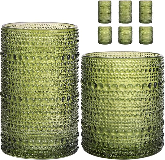Moretoes Green Hobnail Drinking Glasses Set of 6,Glass Cups | 12 Oz Highball Glasses & 10 Oz Cocktail Glasses, Kitchen Bar Tumbler Glassware Set for Whiskey, Beer, Juice, Milk by Moretoes
