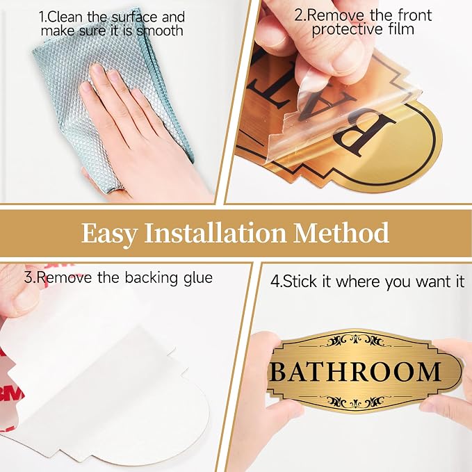 Bathroom Sign Sticker for Business and Home，Self-adhesive Brushed Gold Bathroom Decor for Door，Waterproof Vinyl Restroom Sign for House, Office, Shop - Image 3