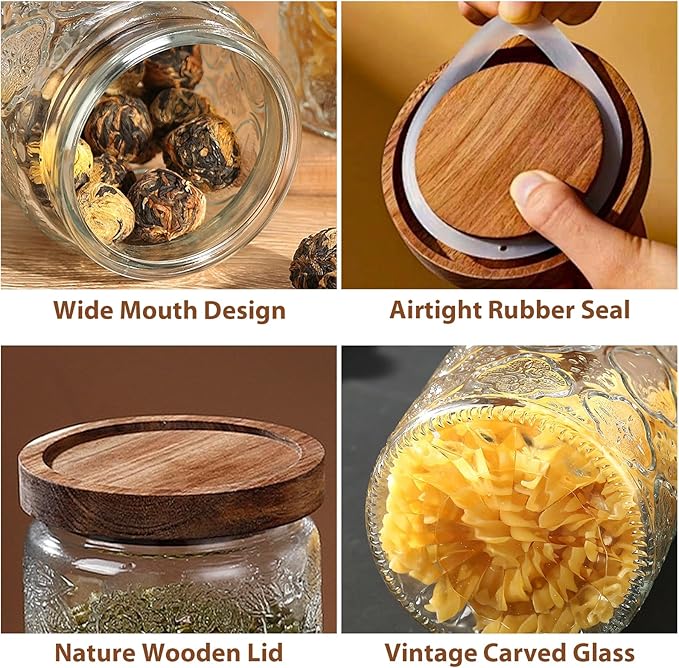 2-Pack 34 OZ Vintage Glass Jar with Lid, Airtight Food Storage Canisters with Bamboo for Kitchen Counter Pantry, Ideal for Coffee, Candy, Tea, Oats, Sugar, Cookies Decorative Jars - Image 4