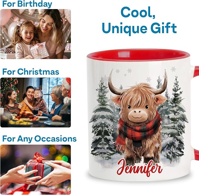 Hyturtle Personalized Winter Highland Cow Coffee Mug for Christmas Birthday | Highland Cow Lovers Gift Ideas for Women Men - 11oz Two Tone Color Red/White Ceramic Tea Mug Cup, Comfort grip handle - Image 6