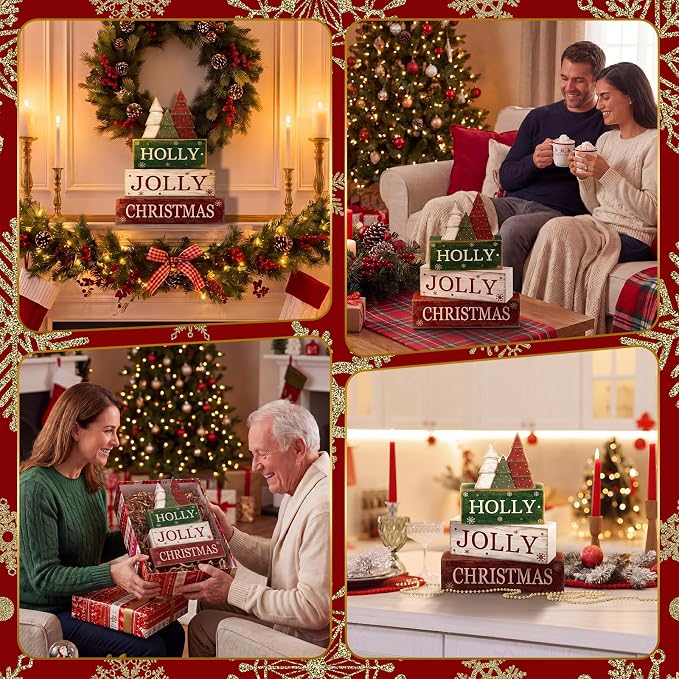 Moucuny 4 Pcs Christmas Table Decorations Rustic Christmas Tree Stacked Wooden Decor Holly Xmas Tree Block Signs Gift Red Green and White Winter Tiered Tray Decor Farmhouse for Home Xmas Party Kitchen - Image 5