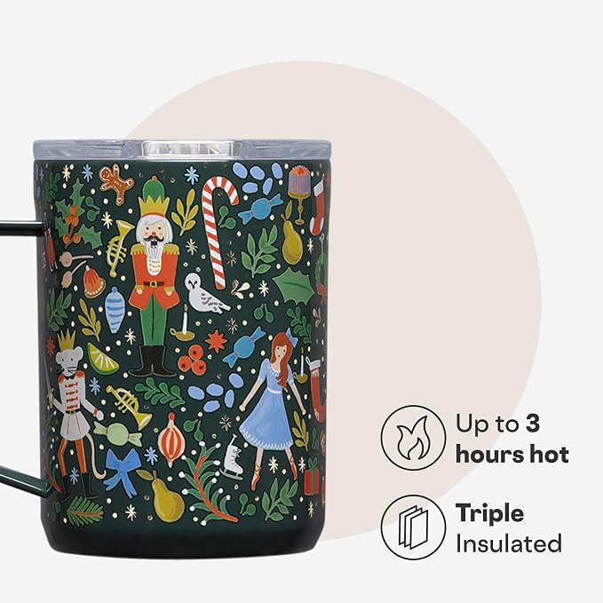 Corkcicle x Rifle Paper Co. Triple Insulated Coffee Mug with Lid & Handle - Keeps Beverages Hot for 3+ Hours - Gift for Mom - Great for Mother's Day or Christmas - 16 oz - Nutcracker Green - Image 3