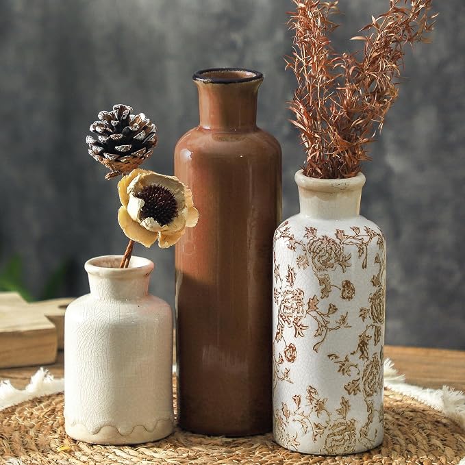 Vintage Vase Set of 3, Ceramic Vintage Flower Vases, Chinoiserie Decorative Home Decor Retro Floral Vase Rustic Farmhouse Decor for Table Bookshelf Mantel Kitchen Living Room Office - Brown by ooit