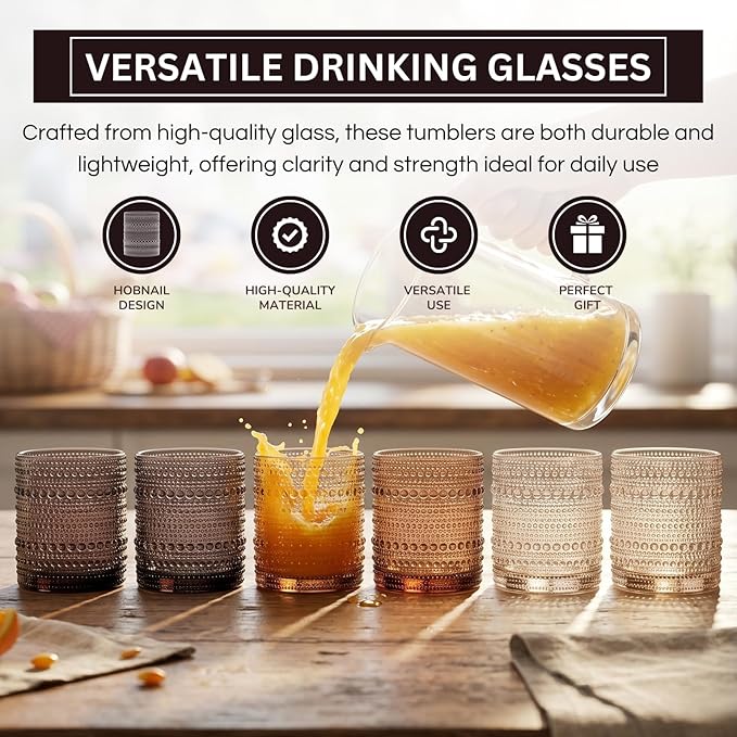 Venus Amber Brown Hobnail Highball Glasses Vintage Tumblers Set of 6 11 oz | Vintage Beaded Design, Embossed Bubble Texture, Elegant Color, Timeless Drinkware for Home Bars, Parties, and Housewarmings - Image 4