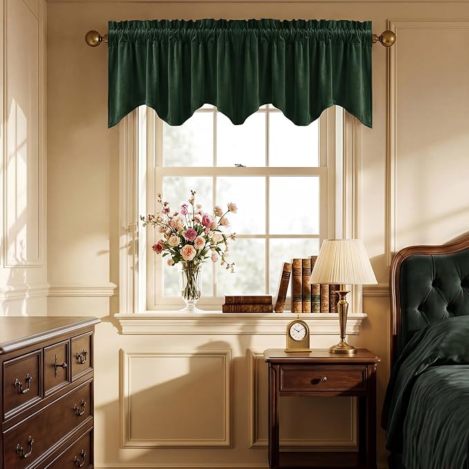 Dark Green Christmas Velvet Valance 52x18 Inch 1 Panel | Forest Wavy Kitchen Curtains, Heavyweight Christmas Window Treatment for Farmhouse, Living Room, Bathroom by StangH
