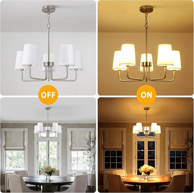 Modern Brushed Nickel 5-Light Chandelier, Farmhouse Industrial Dining Room Light Fixture Over Table with White Fabric Shade, Hanging Pendant Lighting for Kitchen Island Bedroom Living Room Entryway - Image 7