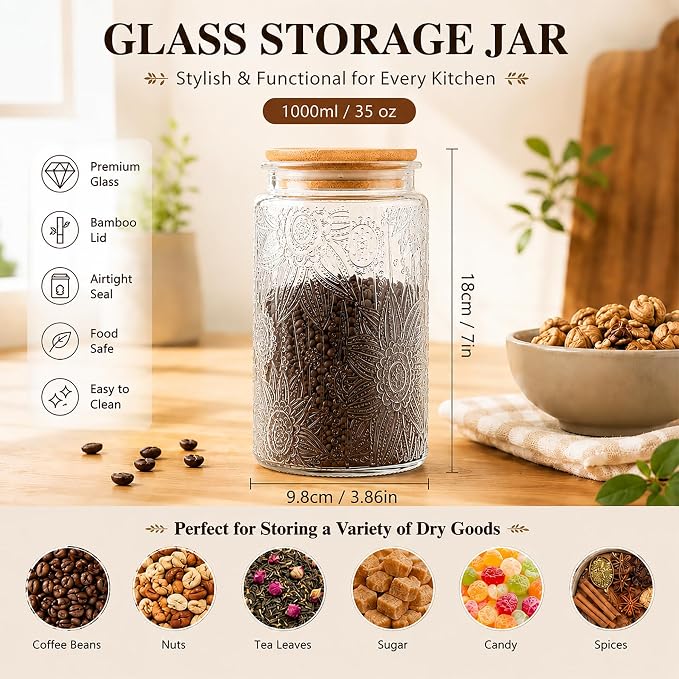Glass Storage Jars with Airtight Bamboo Lid, 35 FL oz - Decorative Food Canisters for Kitchen Counter, Ideal for Sugar, Coffee, Tea, Candy, Cookies (35oz Large Sunflower) - Image 4
