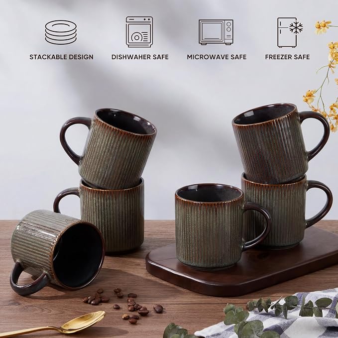 E-far 12 oz Coffee Mugs Set of 6, Stoneware Coffee Cups with Handle for Man Woman, Modern Ribbed Ceramic Tea Mugs for Latte Cocoa Milk, Microwave & Dishwasher Safe, Blackish Green - Image 8