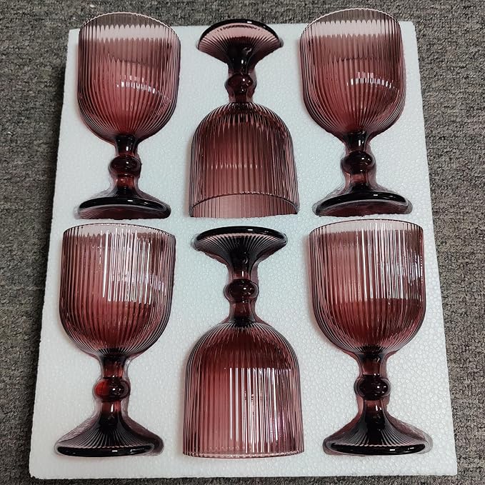 Taganov Purple Glasses Drinking Water Goblets set of 6 Colored Wine Glasses 13oz Pink Vintage Glassware for Wedding Party Bar Vertical Line Embossed Pattern Stemmed Cups 400ml - Image 9