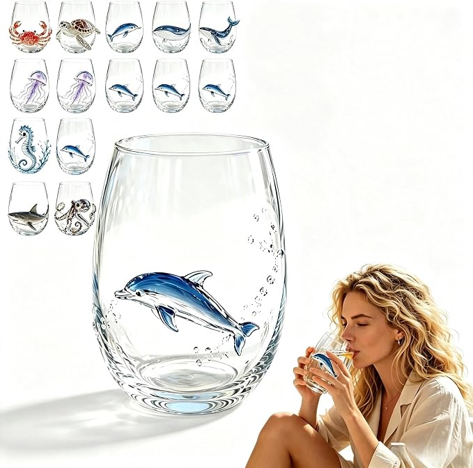 Novelty 3D Sculpted Ocean Life Stemless Wine Glasses, 12oz Embossed Sea Animal Glassware for Beverages, Premium Borosilicate Glass Beach Gifts (Dolphin) by Unknown
