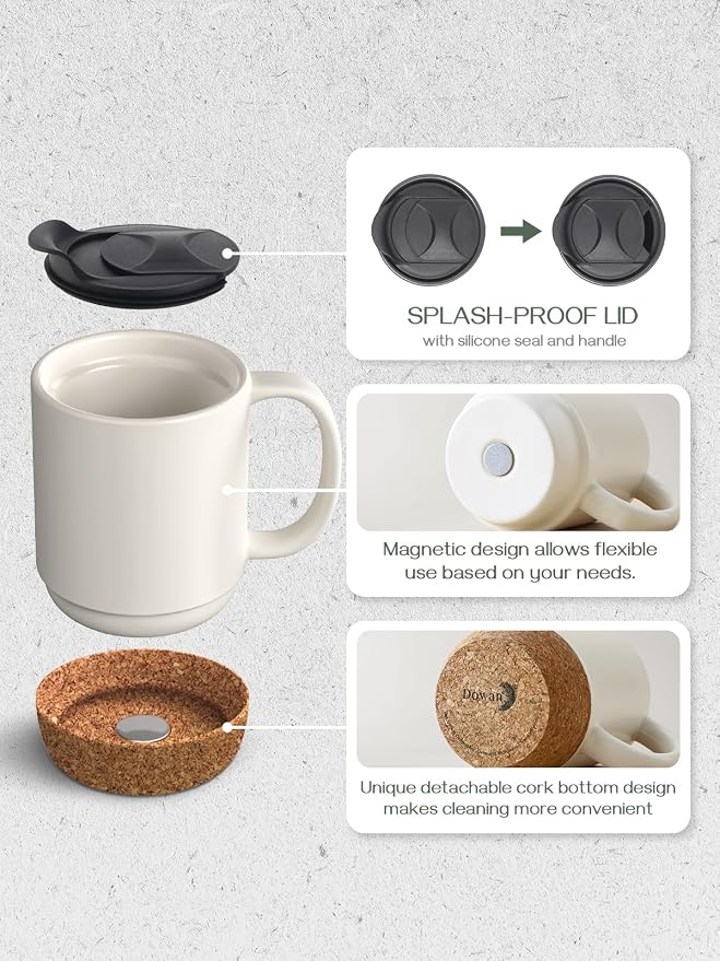 DOWAN Coffee Mugs Set of 2, 15 OZ Ceramic Mug with Cork Bottom and Splash Proof Lid, Large Coffee Cup with Handle for Tea Latte, Beige - Image 3