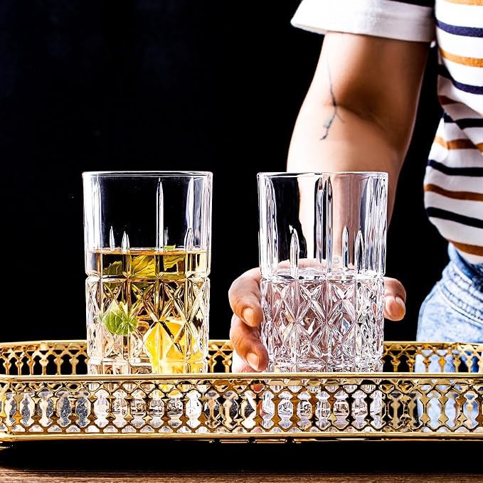 Tall Highball Glasses Set of 6, 14 Ounce Cups, Textured Designer Glassware for Drinking Water, Beer, or Soda, Trendy and Elegant Dishware, Dishwasher Safe - Image 3