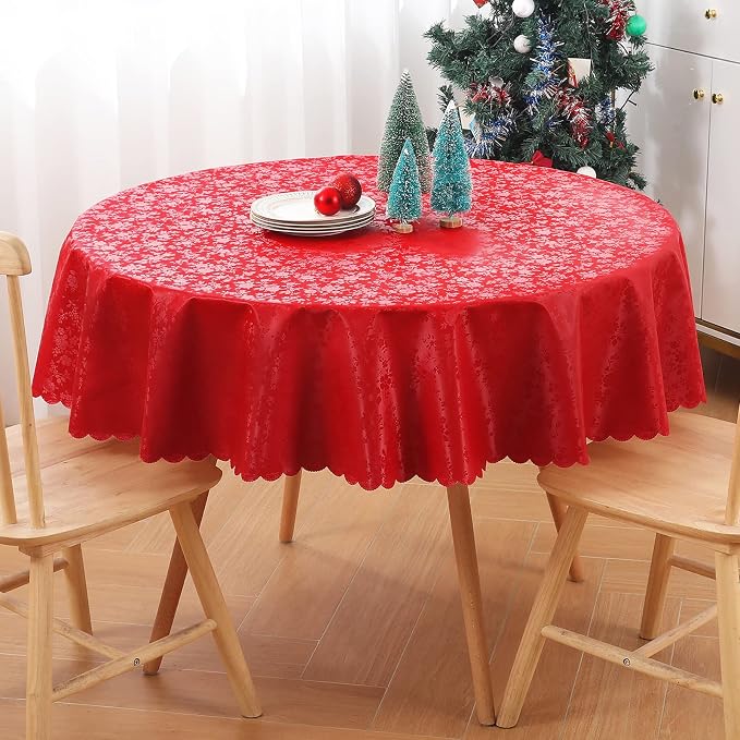 Smiry Round Waterproof Heavy Duty Vinyl Tablecloths, 70 x 70 Inch | Wipeable Washable Floral Embossed Table Cover for Kitchen and Dining Room, Indoor & Outdoor Use, Red by Smiry