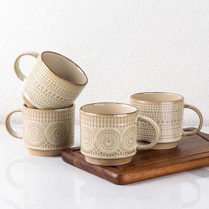 GBhome 12OZ Stackable Coffee Mugs, Ceramic Coffee Mugs with Texture Patterns for Man,Woman,Dad,Mom, Modern Coffee Mugs Set of 4 for Latte/Cappuccino/Cocoa. Dishwasher&Microwave Safe by GBhome