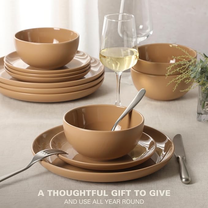 Gibson Home Rockaway 12-Piece Round Stoneware Dinnerware Set, Service for 4 – Beige Plates and Bowls, Modern Matte Finish, Microwave & Dishwasher Safe - Image 4
