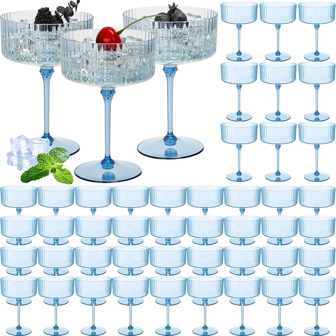Jingmore 48 Pcs Ribbed Martini Glasses 10 oz Disposable Plastic Vintage Ribbed Coupe Glasses Unbreakable Dessert Parfait Glassware for Wedding Birthday Party Supplies (Blue) by Jingmore