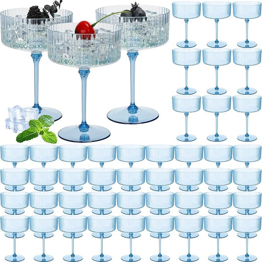 Jingmore 48 Pcs Ribbed Martini Glasses 10 oz Disposable Plastic Vintage Ribbed Coupe Glasses Unbreakable Dessert Parfait Glassware for Wedding Birthday Party Supplies (Blue) by Jingmore